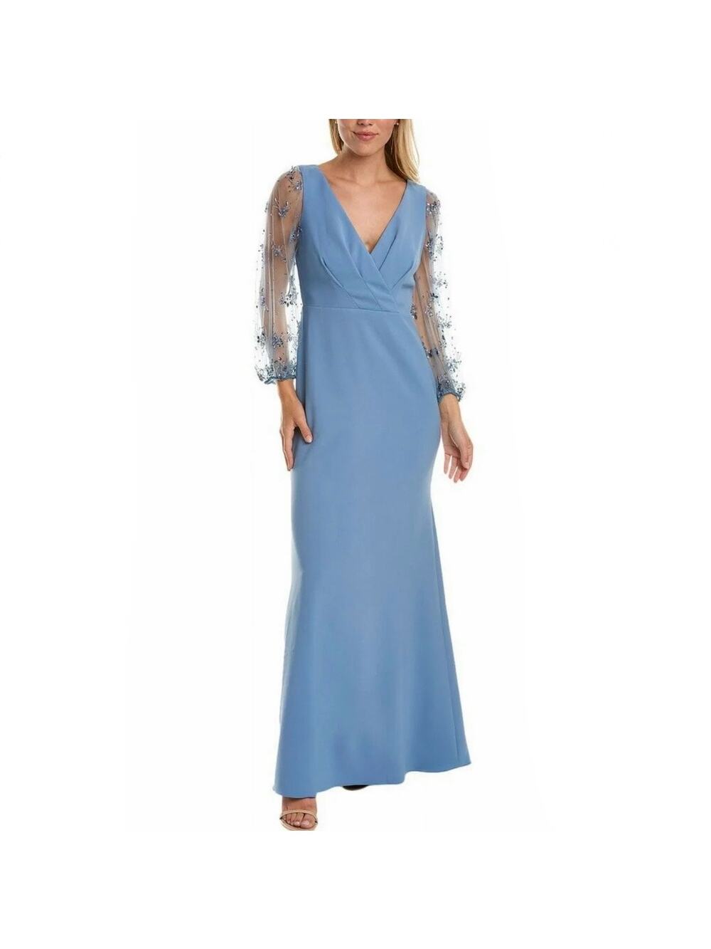 NWT Theia Kiera Beaded Puff Sleeve Gown in Storm Blue Size 4